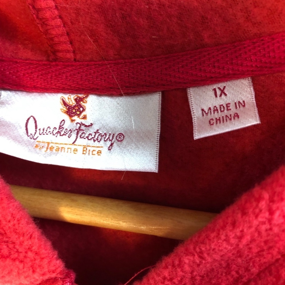 Quacker Factory Fleece Hoodie Women’s 1X Red Jeweled Rhinestone Zipper Cozy - Picture 12 of 13